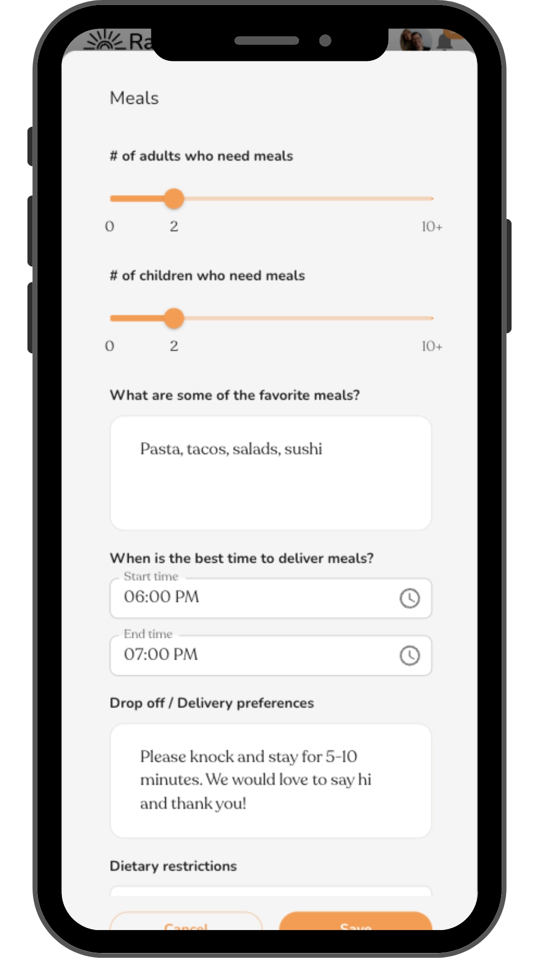 Rallee support details form showing servings, favorites, and the best time for a delivery