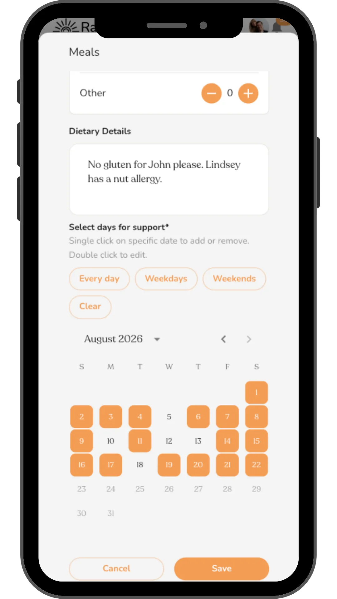 Rallee calendar for selecting the days you'd like your community to help