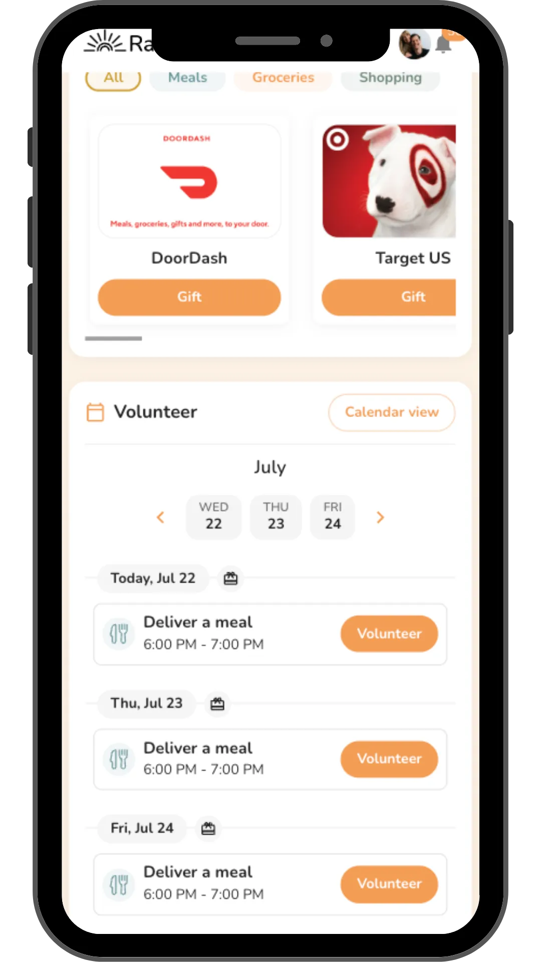 Rallee volunteer feed where friends sign up for delivery days and ways to help
