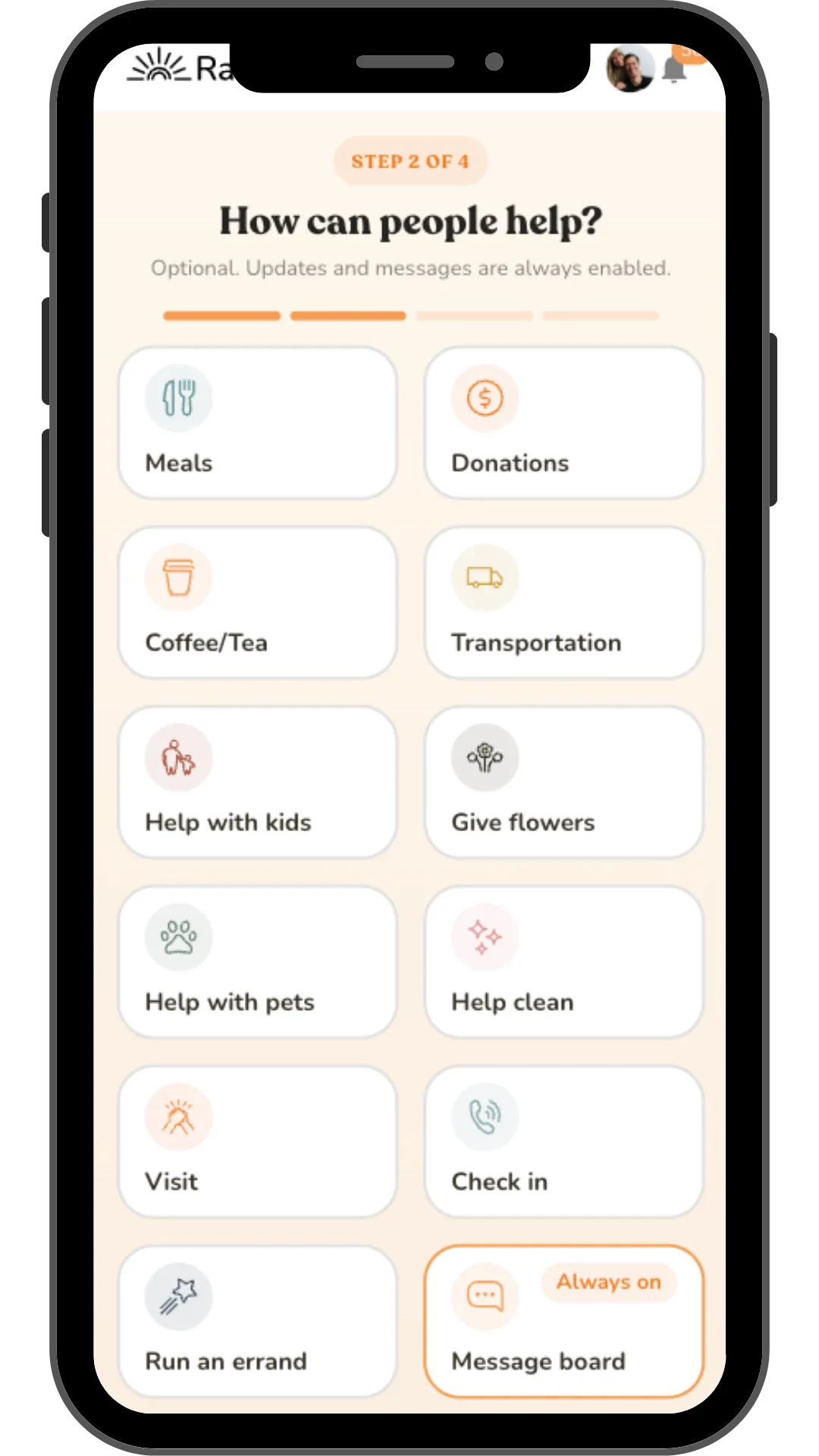 Rallee setup step 2 of 4: choosing how people can help with meals, donations, coffee, transportation, and more
