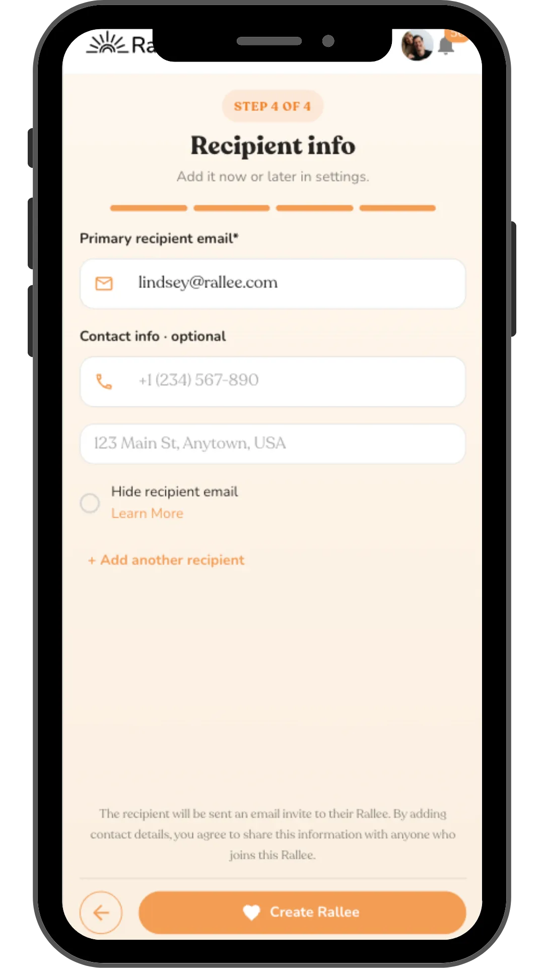 Rallee setup step 4 of 4: adding the recipient's email, phone, and address